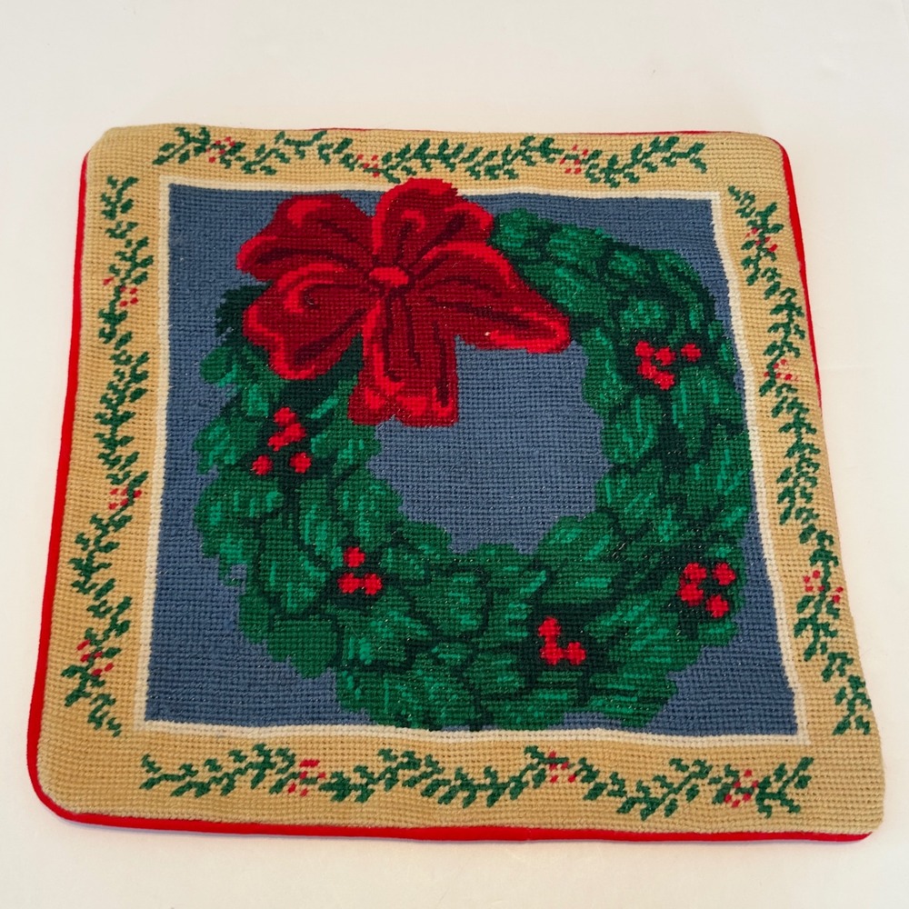 Vintage 1994 Nantucket Needlepoint Christmas Wreath Red Bow Pillow Cover 14x14